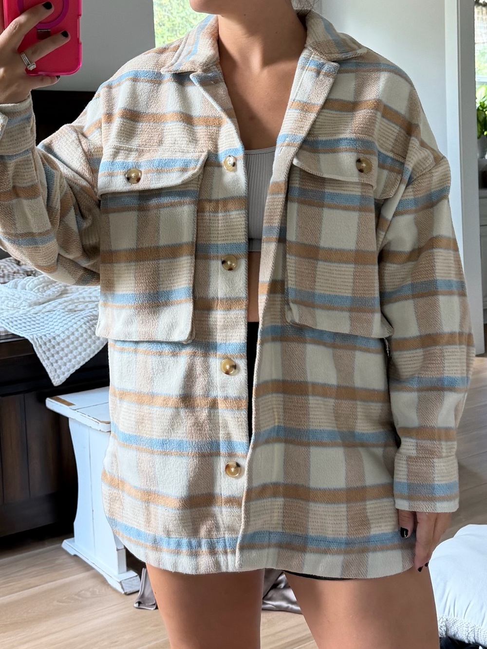 Pink Lily Plaid Teddy Jacket in Cream, Tan & Light Blue